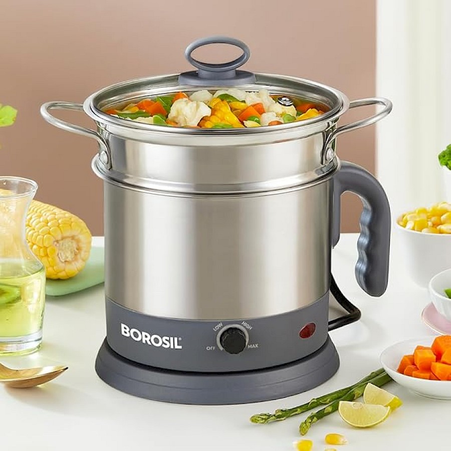 Borosil 1.3L Quick Made in India Electric Steel Kettle with Steamer